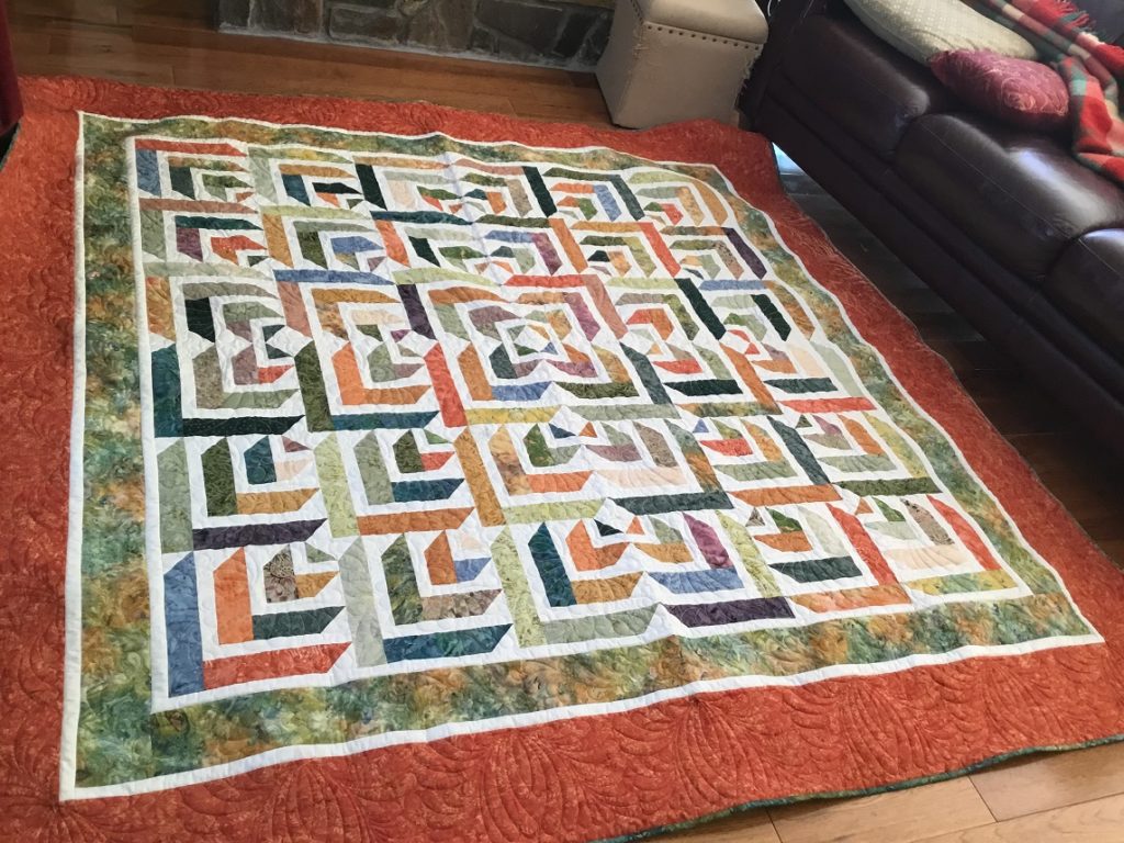 Handmade Quilt - Fall Focal Point - 90" x 90" (queen) - Cotton fabric, wool fill