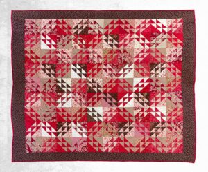 Handmade king patchwork quilt in red, brown, tan, cream, and white triangle blocks with a dark brown floral border and red binding, shown flat from above.